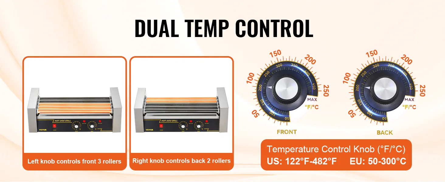 VEVOR-Hot-Dog-Roller mit zwei Temperaturreglern für Vorder- und Rückseite, einstellbar 50–300 °C.