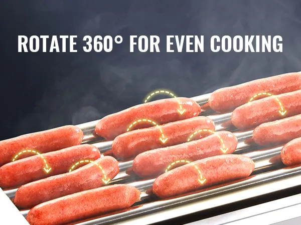 Der Hot-Dog-Roller von VEVOR präsentiert neun rotierende Hot Dogs, die gleichmäßig auf Edelstahlrollen gegart werden.