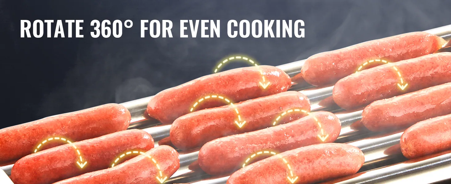 Der Hot-Dog-Roller von VEVOR präsentiert neun rotierende Hot Dogs, die gleichmäßig auf Edelstahlrollen gegart werden.