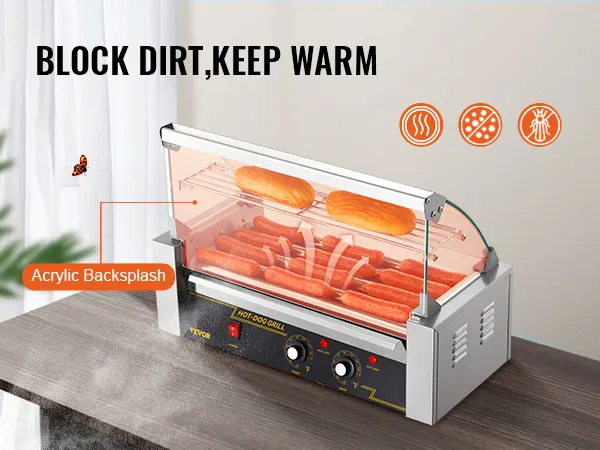 VEVOR-Hot-Dog-Roller mit Acryl-Rückwand, hält Hot Dogs warm und hält Schmutz und Insekten ab.