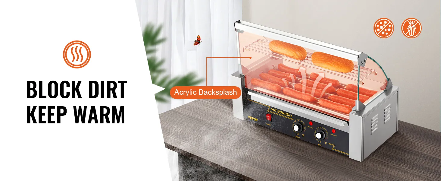 VEVOR-Hot-Dog-Roller mit Acryl-Rückwand, hält Hot Dogs warm und hält Schmutz und Insekten ab.
