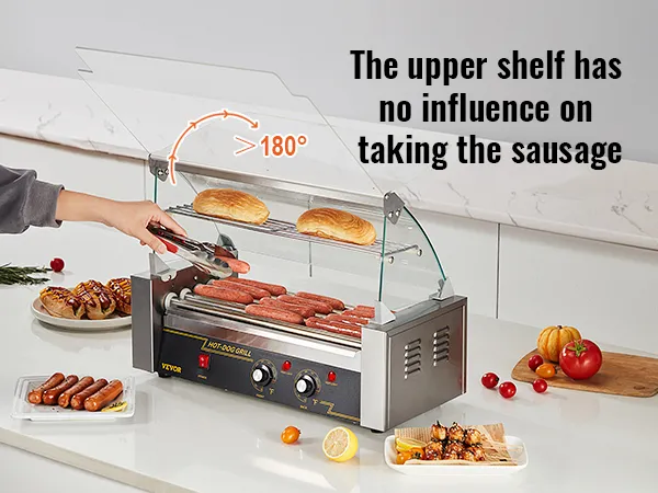 Benutzer grillt Hot Dogs auf dem VEVOR-Hot-Dog-Roller mit verstellbarer oberer Ablage und serviert Speisen.