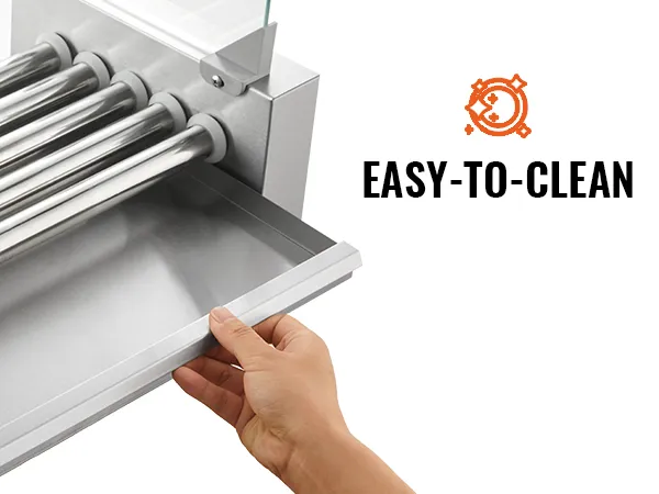 VEVOR Hot-Dog-Roller mit leicht zu reinigender, herausnehmbarer Tropfschale, die unter fließendem Wasser abgewaschen werden kann.