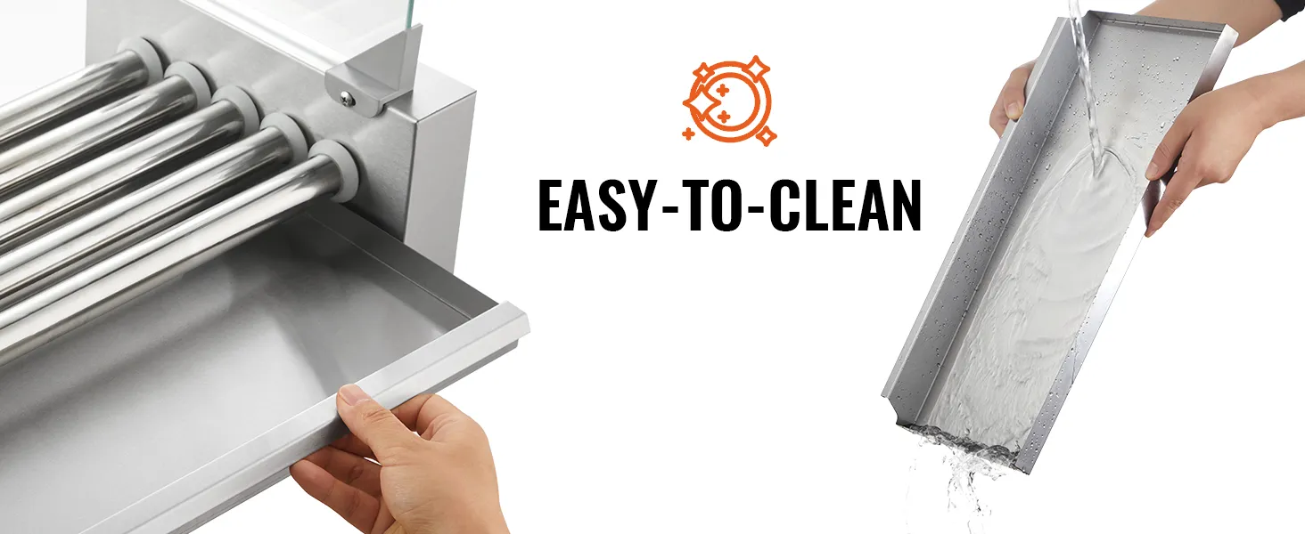 VEVOR Hot-Dog-Roller mit leicht zu reinigender, herausnehmbarer Tropfschale, die unter fließendem Wasser abgewaschen werden kann.