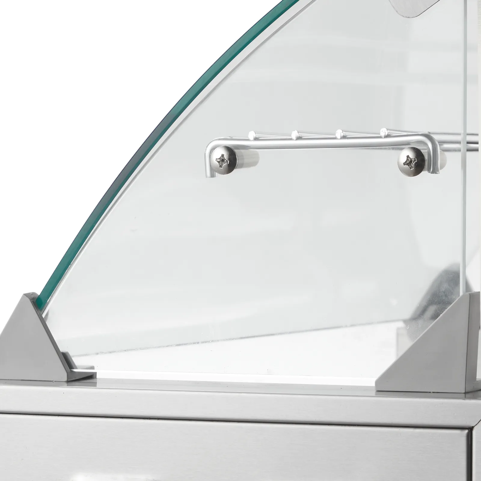 Nahaufnahme eines VEVOR-Hot-Dog-Rollers mit Edelstahlsockel und gebogenem Glasschild.