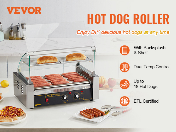 VEVOR Hot Dog Roller, 18 Hot Dog Capacity 7 Rollers, 1050W Stainless Steel Cook Warmer Machine w/ Cover ＆ Dual Temp Control, LED Light ＆ Detachable VEVOR Hot Dog Roller, 18 Hot Dog Capacity 7 Rollers, 1050W