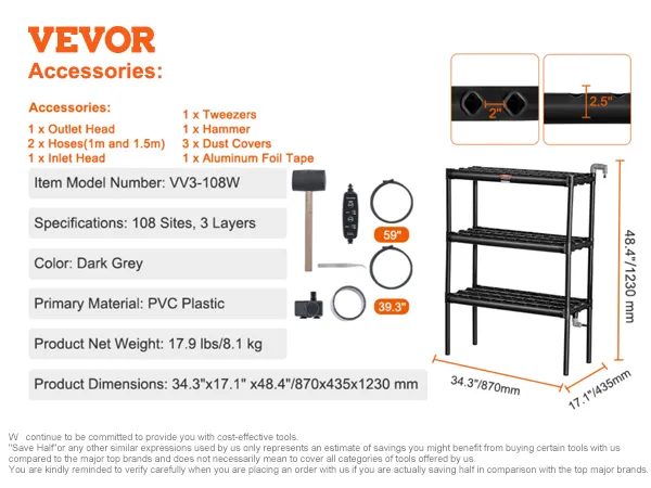 VEVOR hydroponics systeem: 3-laags donkergrijze pvc-planken, 108 plaatsen, 87x43x122 cm. Inclusief accessoires.