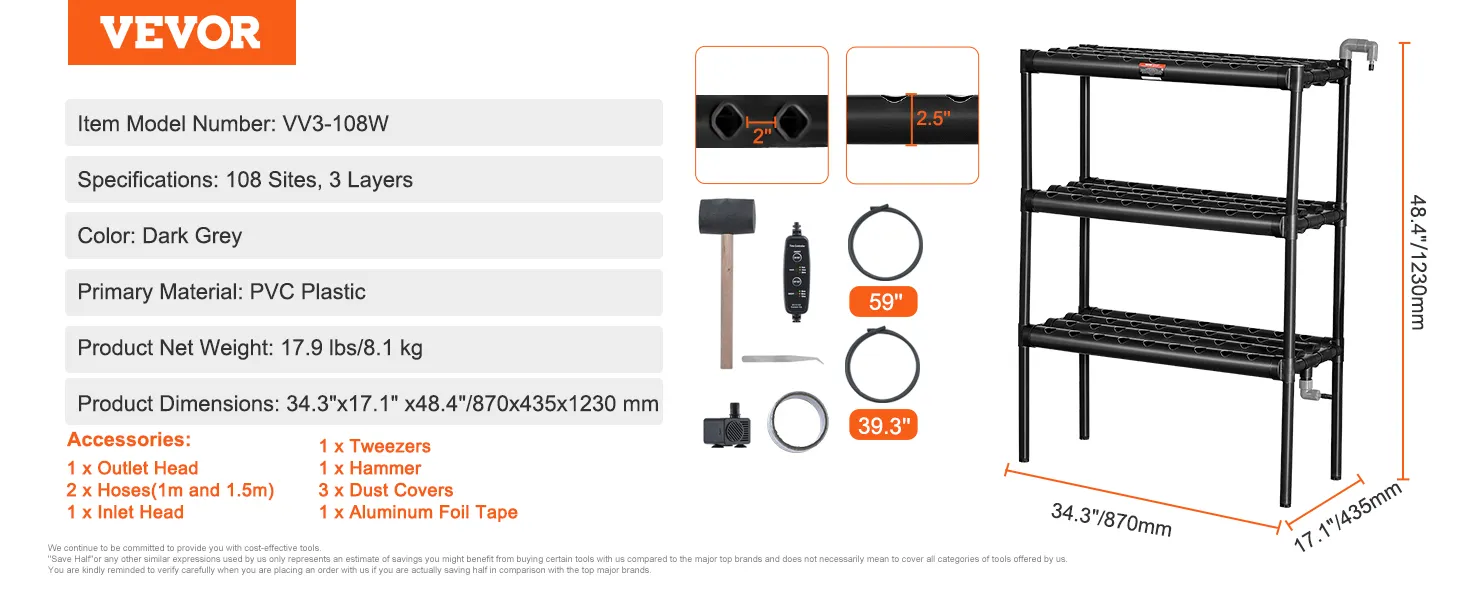 VEVOR hydroponics systeem: 3-laags donkergrijze pvc-planken, 108 plaatsen, 87x43x122 cm. Inclusief accessoires.