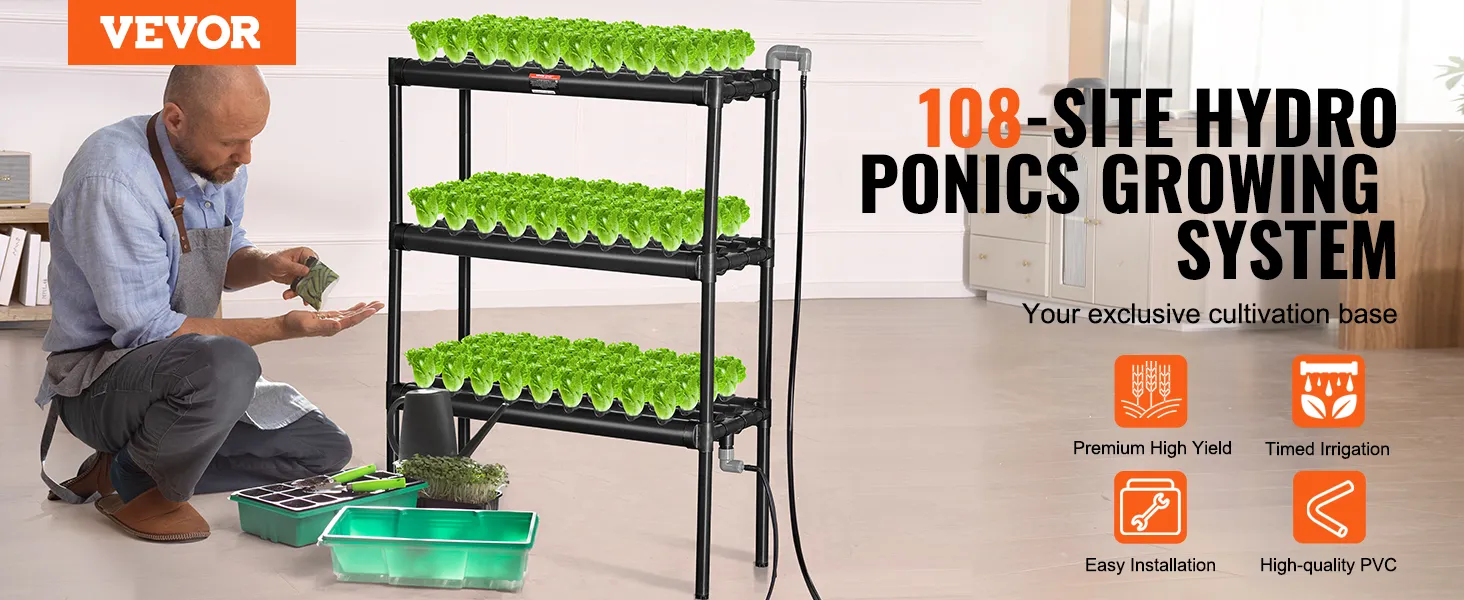 VEVOR hydrocultuursysteem met 108 kweeklocaties, eenvoudige installatie en optimale opbrengst.