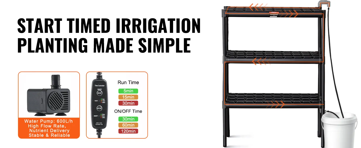 VEVOR hydrocultuursysteem met timer, waterpomp en plank voor moeiteloze getimede irrigatie.