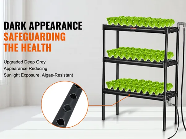 VEVOR hydrocultuursysteem met een donkere, algenbestendige structuur en levendig groene planten op drie planken.