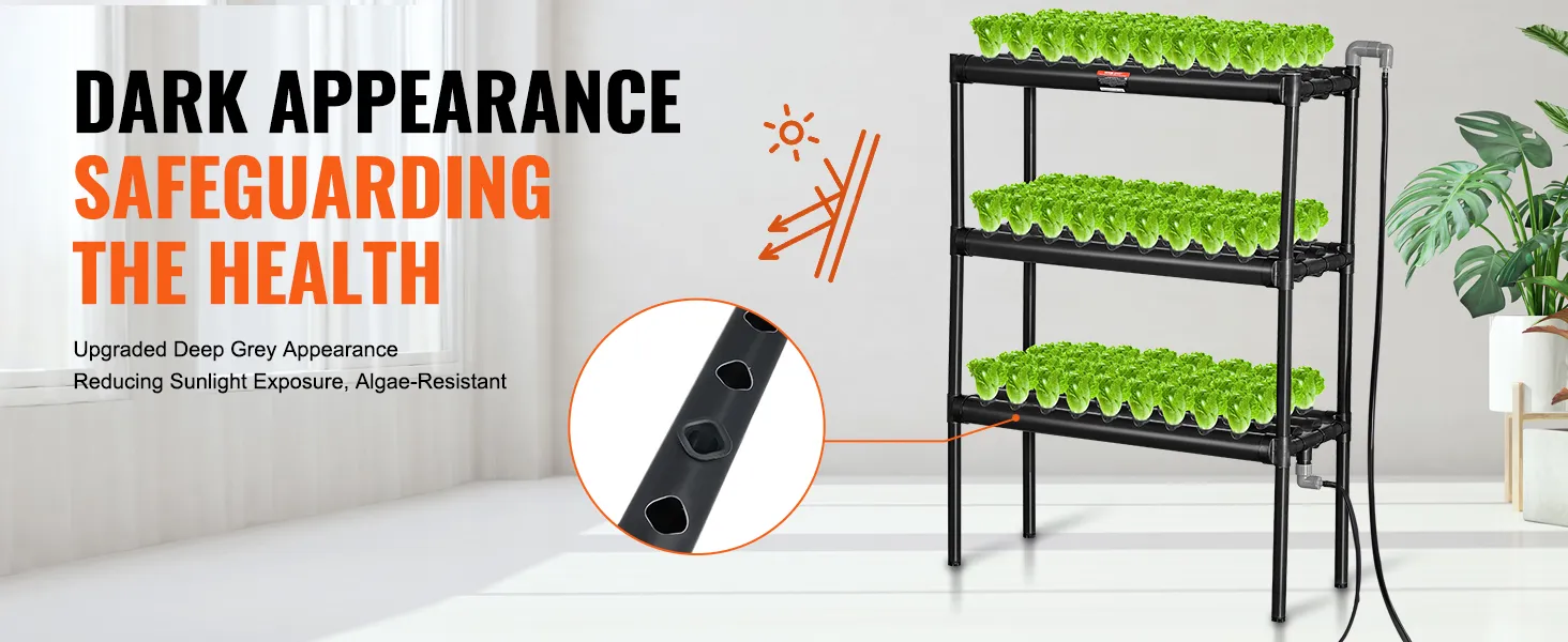 VEVOR hydrocultuursysteem met een donkere, algenbestendige structuur en levendig groene planten op drie planken.