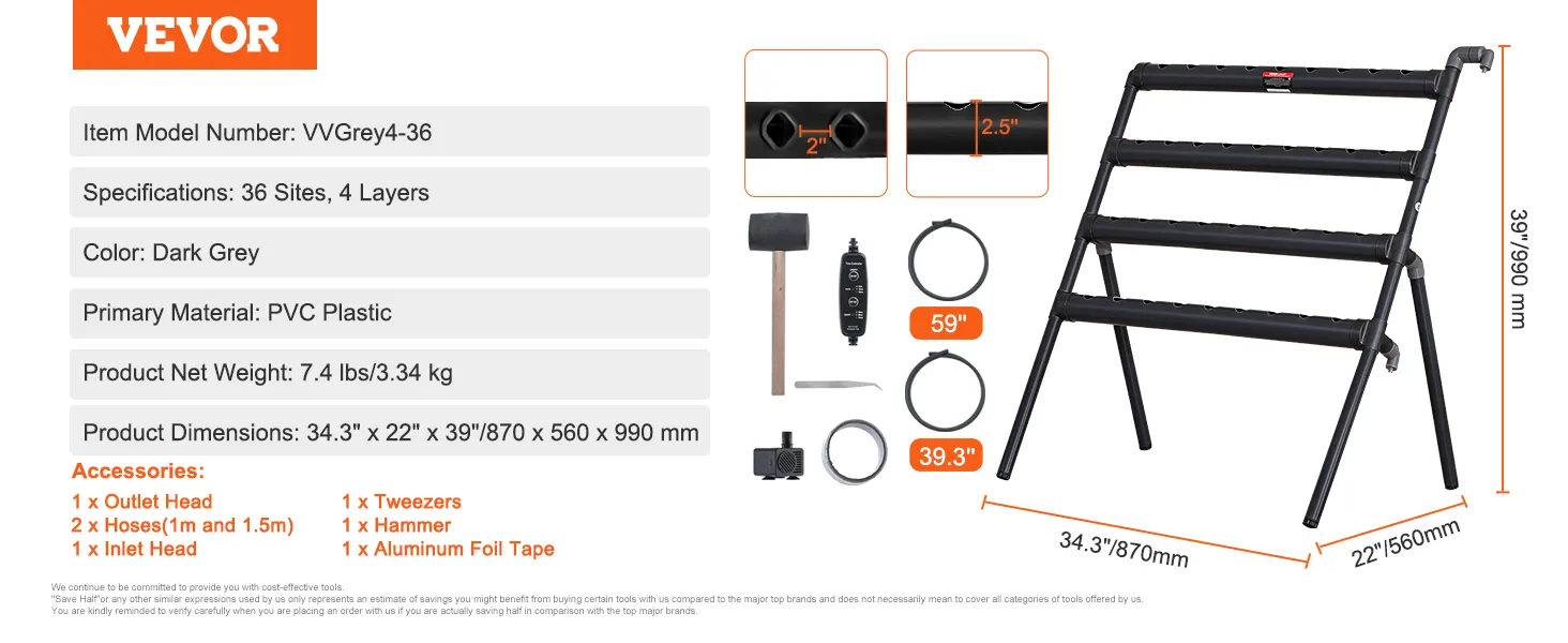 VEVOR hydroponisch systeem met 36 locaties, 4 lagen, donkergrijs pvc-frame en complete accessoireset.
