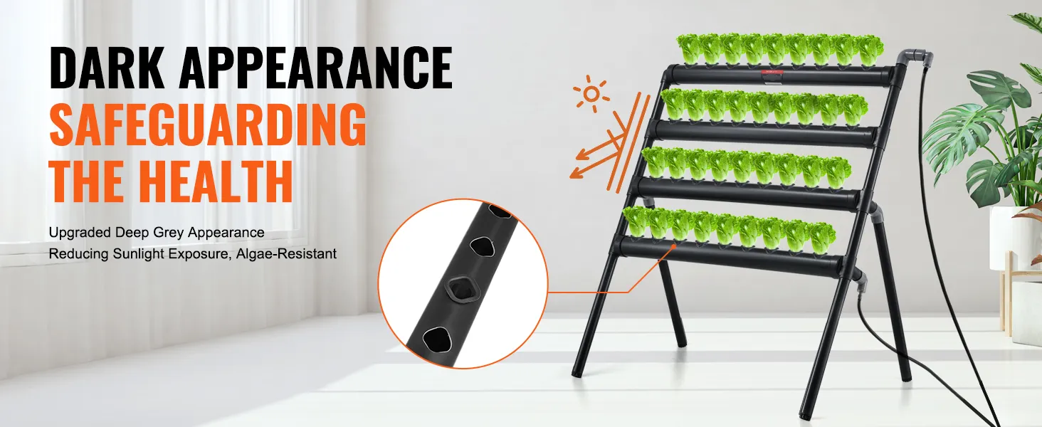 VEVOR hydrocultuursysteem met donkergrijs design, vermindert blootstelling aan zonlicht en is voorzien van groene planten.