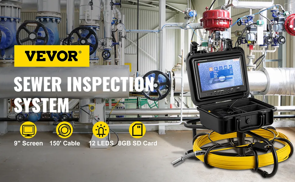 VEVOR sewer camera system with 9" screen, 150' cable, 12 leds, and 8gb sd card.