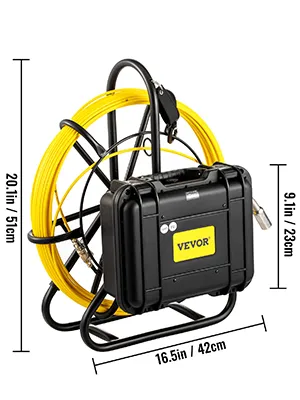 VEVOR sewer camera with yellow cable and black case, dimensions shown.