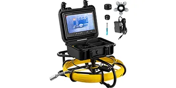 VEVOR sewer camera with yellow cable, monitor, and various accessories.