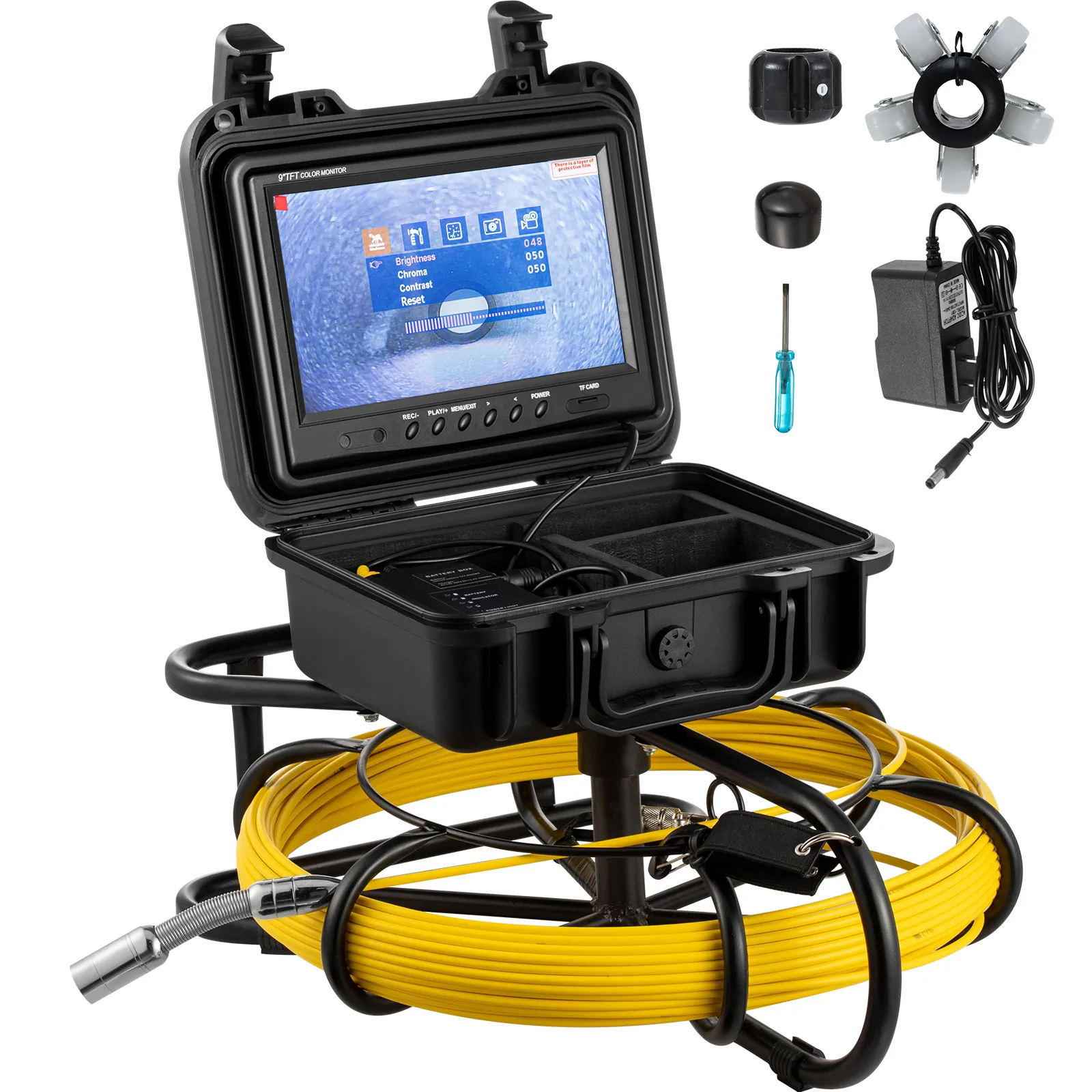 VEVOR sewer camera with monitor, yellow cable, and assorted accessories.