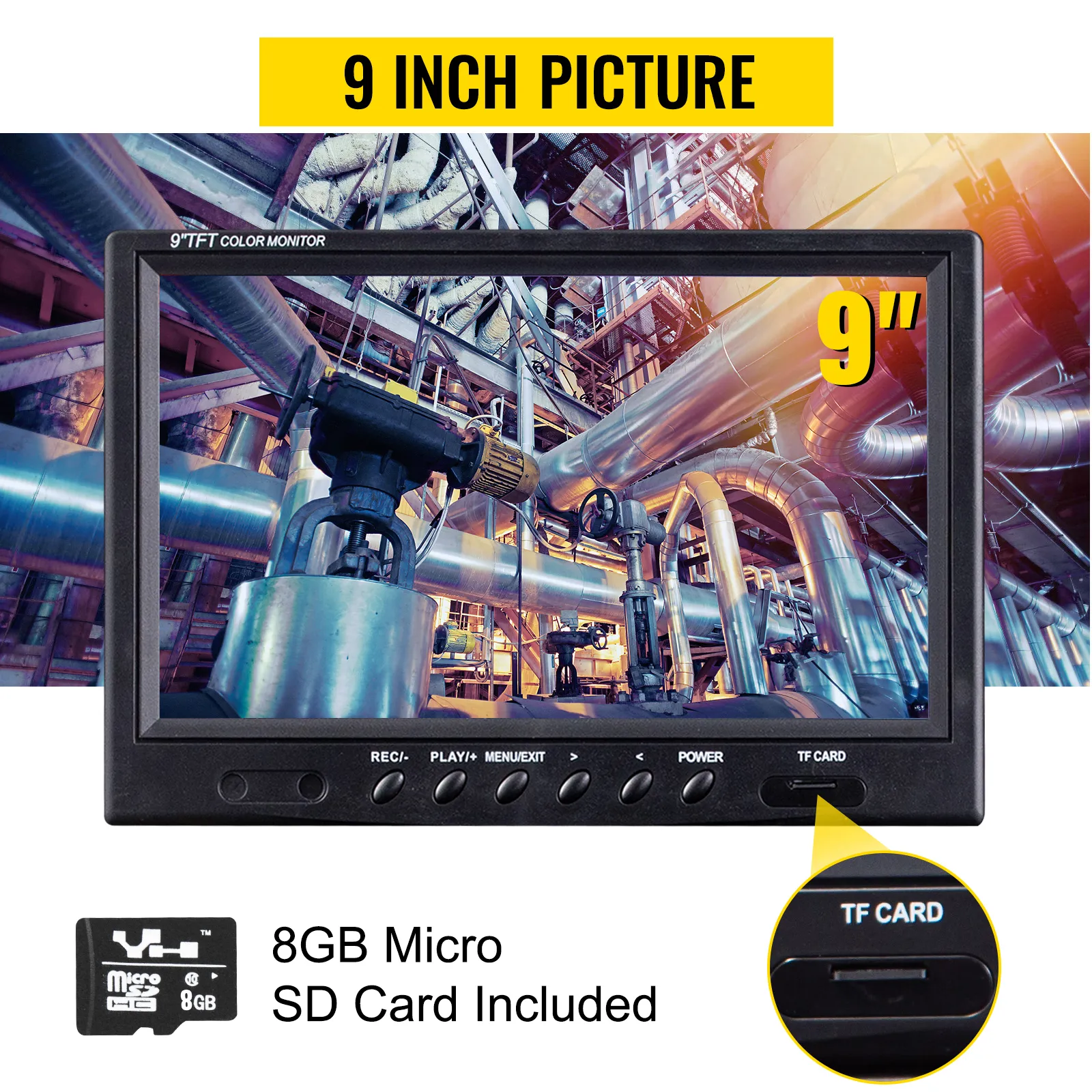 9" hd monitor with VEVOR sewer camera showing industrial pipes, 8gb micro sd card included.