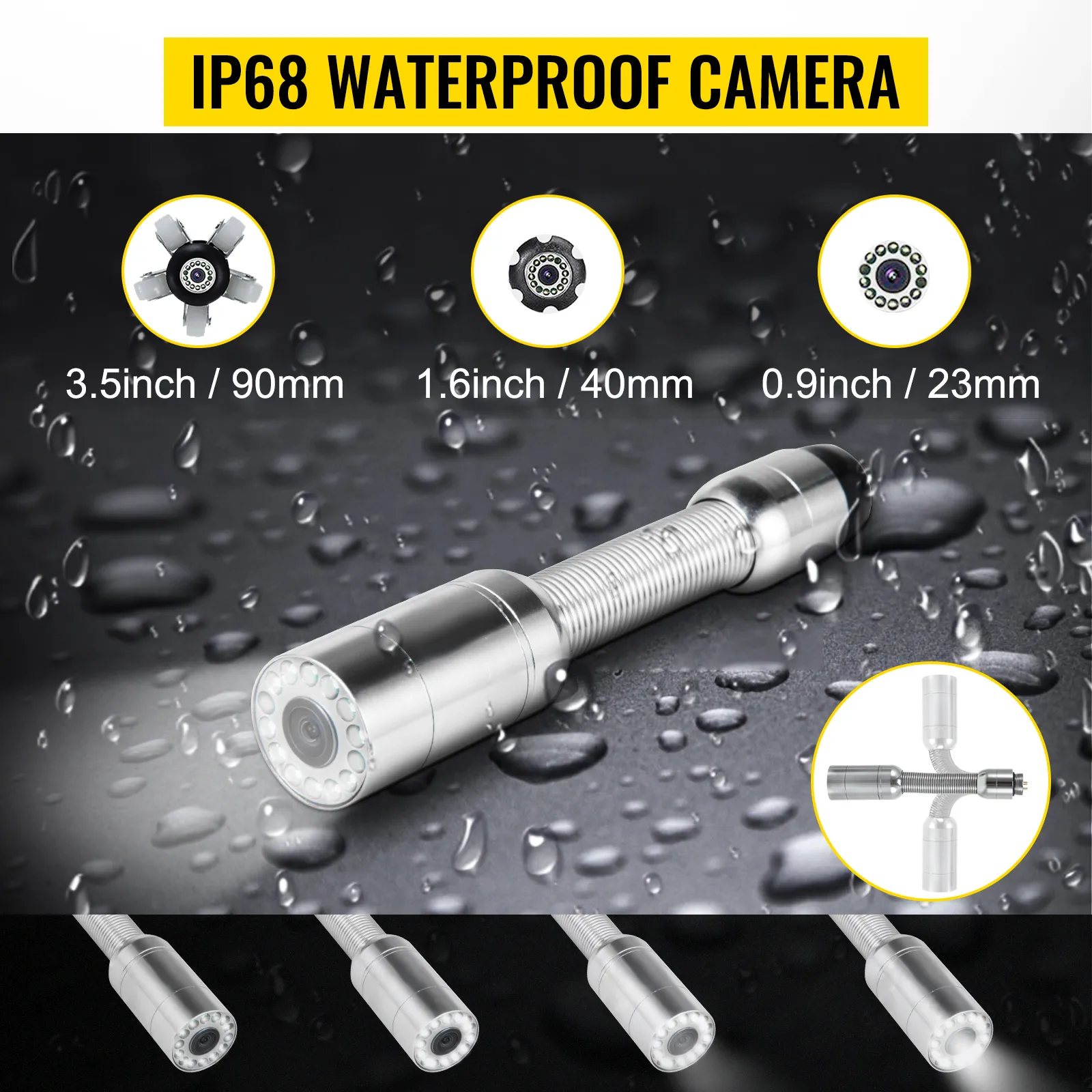 VEVOR sewer camera ip68 waterproof, 3.5"/1.6"/0.9" lens options with led lights.