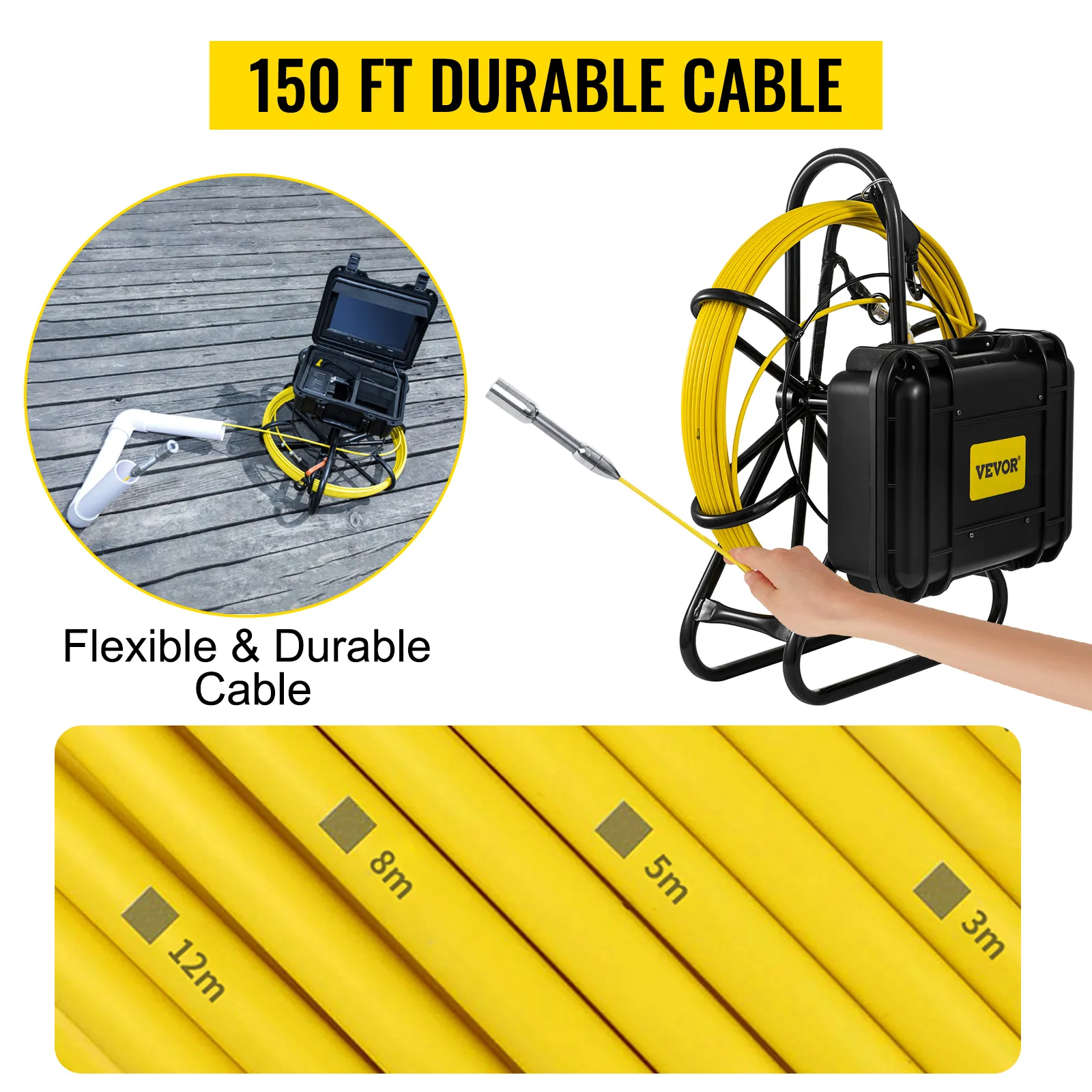 VEVOR sewer camera with 150 ft flexible and durable yellow cable on a reel.