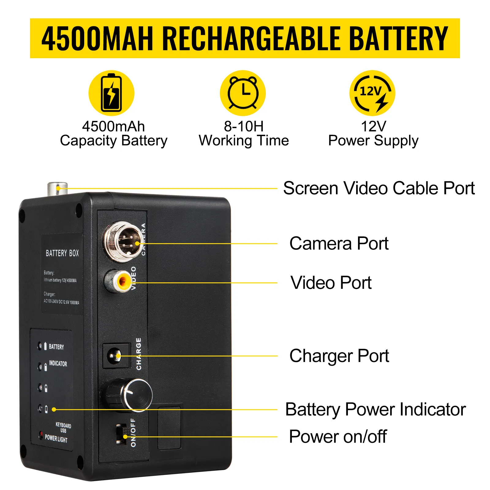 4500mah rechargeable battery for VEVOR sewer camera with various ports labeled.
