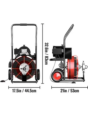 Máquina limpiadora de desagües VEVOR en color negro y rojo, vista frontal y lateral con dimensiones