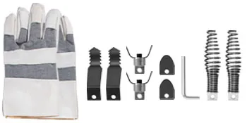 Accesorios para máquinas limpiadoras de desagües VEVOR y guantes protectores mostrados uno al lado del otro.