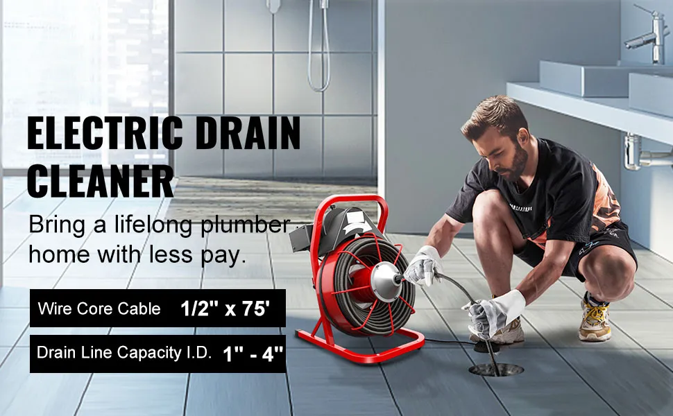 electric drain cleaner in use with wire core cable for efficient pipe cleaning.