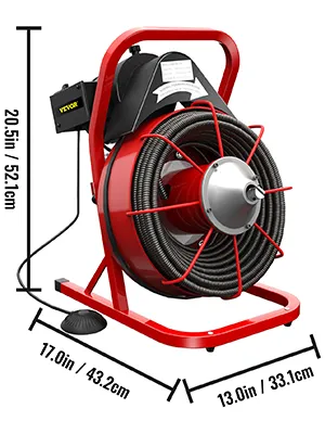 red and black VEVOR drain cleaning machine with detailed dimensions.