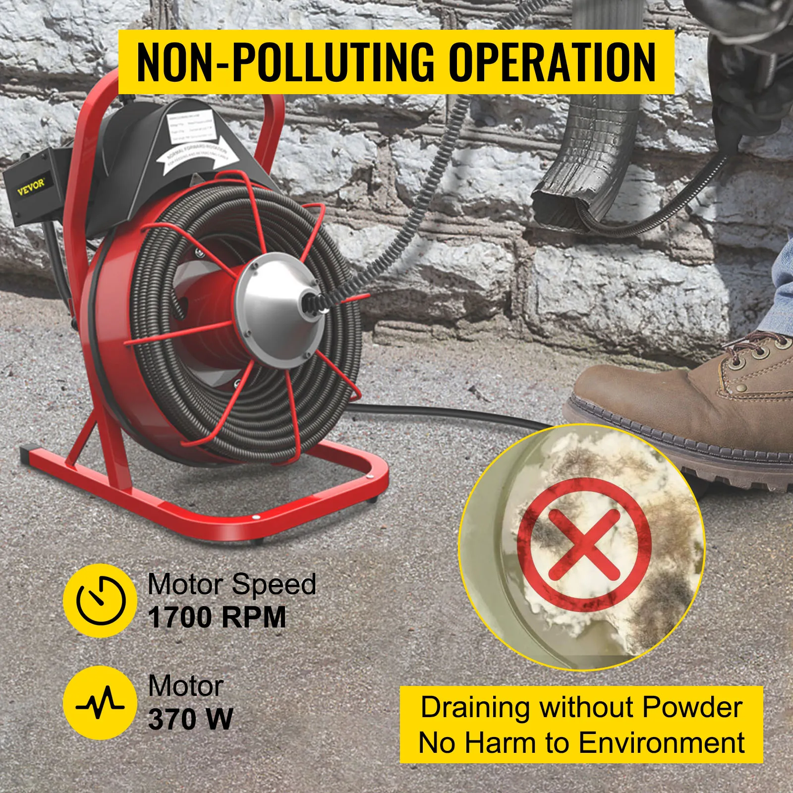 VEVOR drain cleaning machine, 1700 rpm, 370 w, non-polluting operation, no powder use.