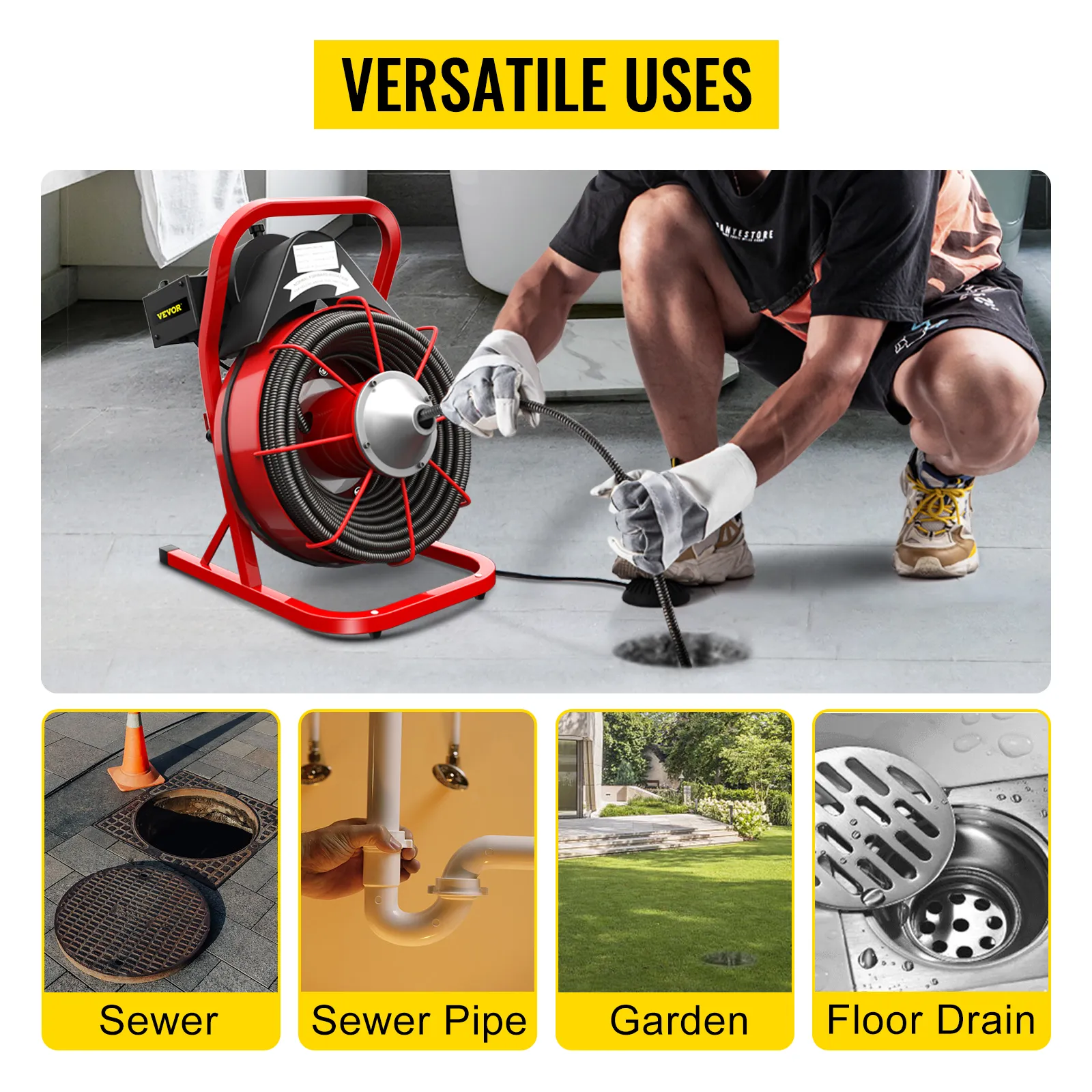 VEVOR drain cleaning machine in use for sewer, sewer pipe, garden, and floor drain cleaning.
