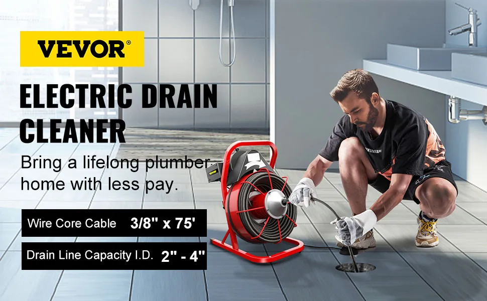 Máquina de limpieza de desagües VEVOR en uso por un fontanero en un baño moderno.