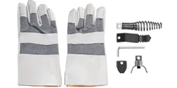 Guantes y accesorios para máquina desatascadora VEVOR, incluidos varios accesorios.