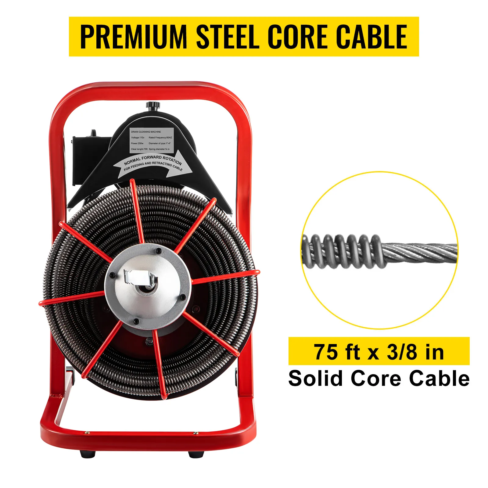Máquina de limpieza de desagües VEVOR con cable con núcleo de acero de 75 pies, marco rojo.