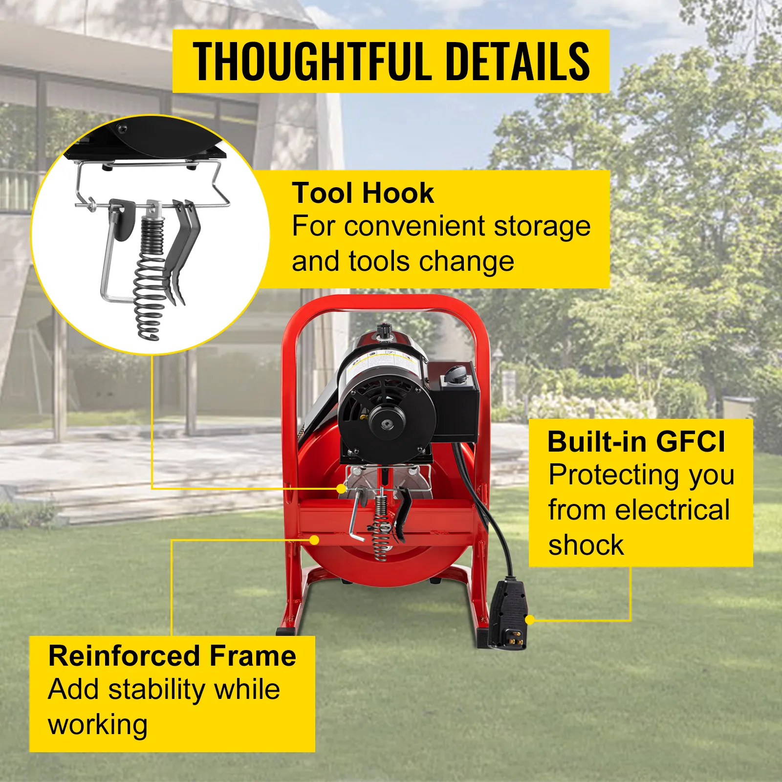 La máquina de limpieza de desagües VEVOR cuenta con gancho para herramientas, GFCI incorporado y marco reforzado.