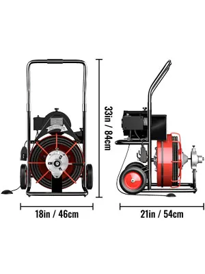 front and side views of a VEVOR drain cleaner machine with dimensions.