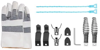 VEVOR drain cleaner machine accessories: gloves, cleaning strips, springs, cutter heads.