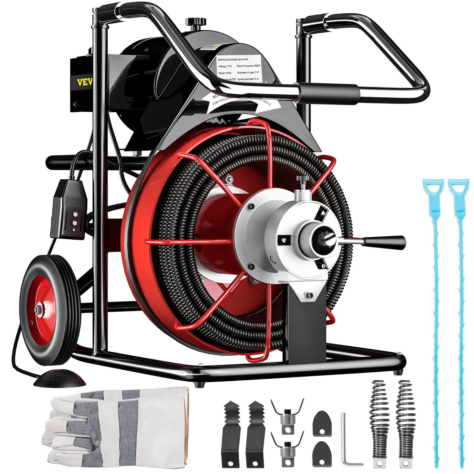 VEVOR drain cleaner machine with coiled cable, gloves, and various attachments.