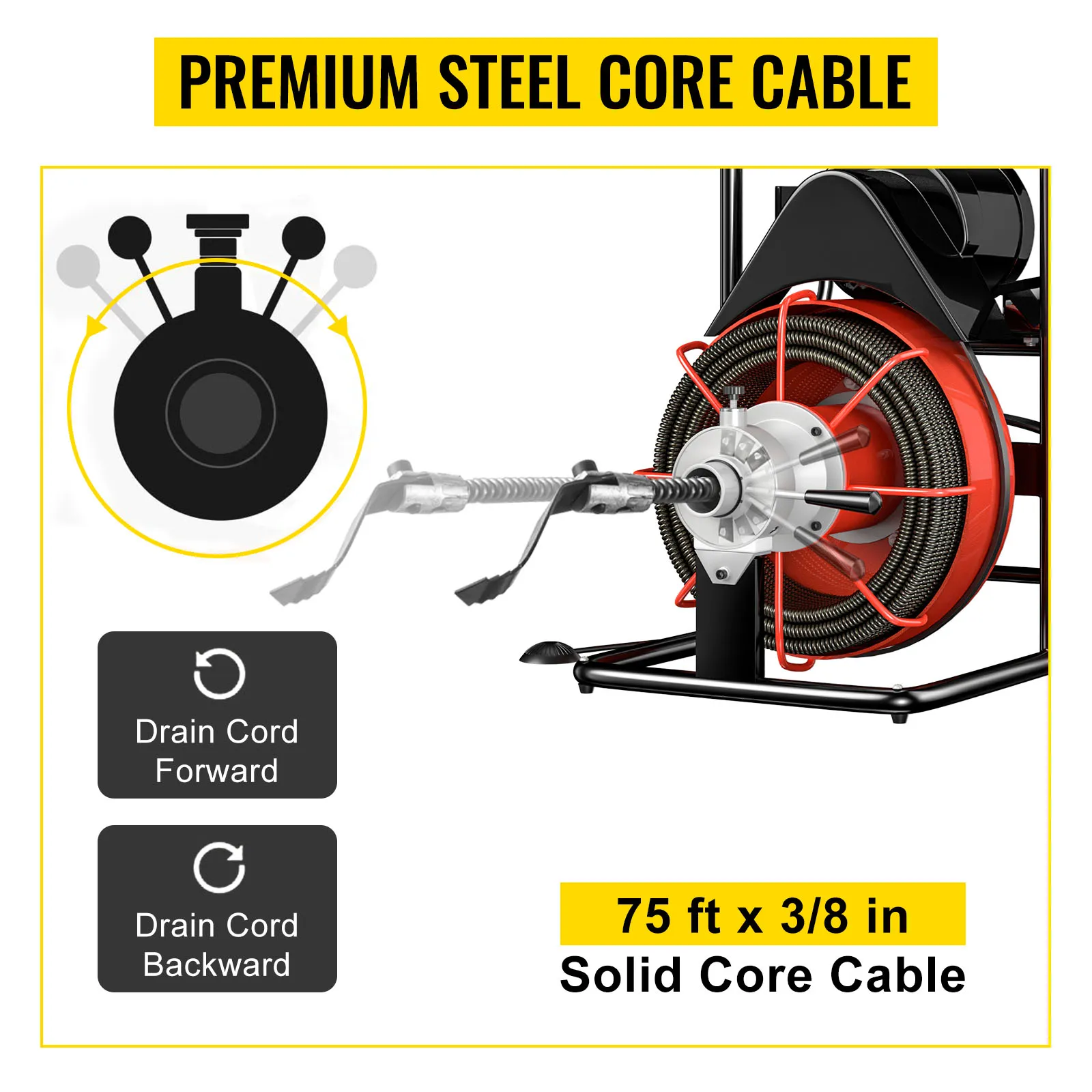 VEVOR drain cleaner machine with 75 ft x 3/8 in premium steel core cable.