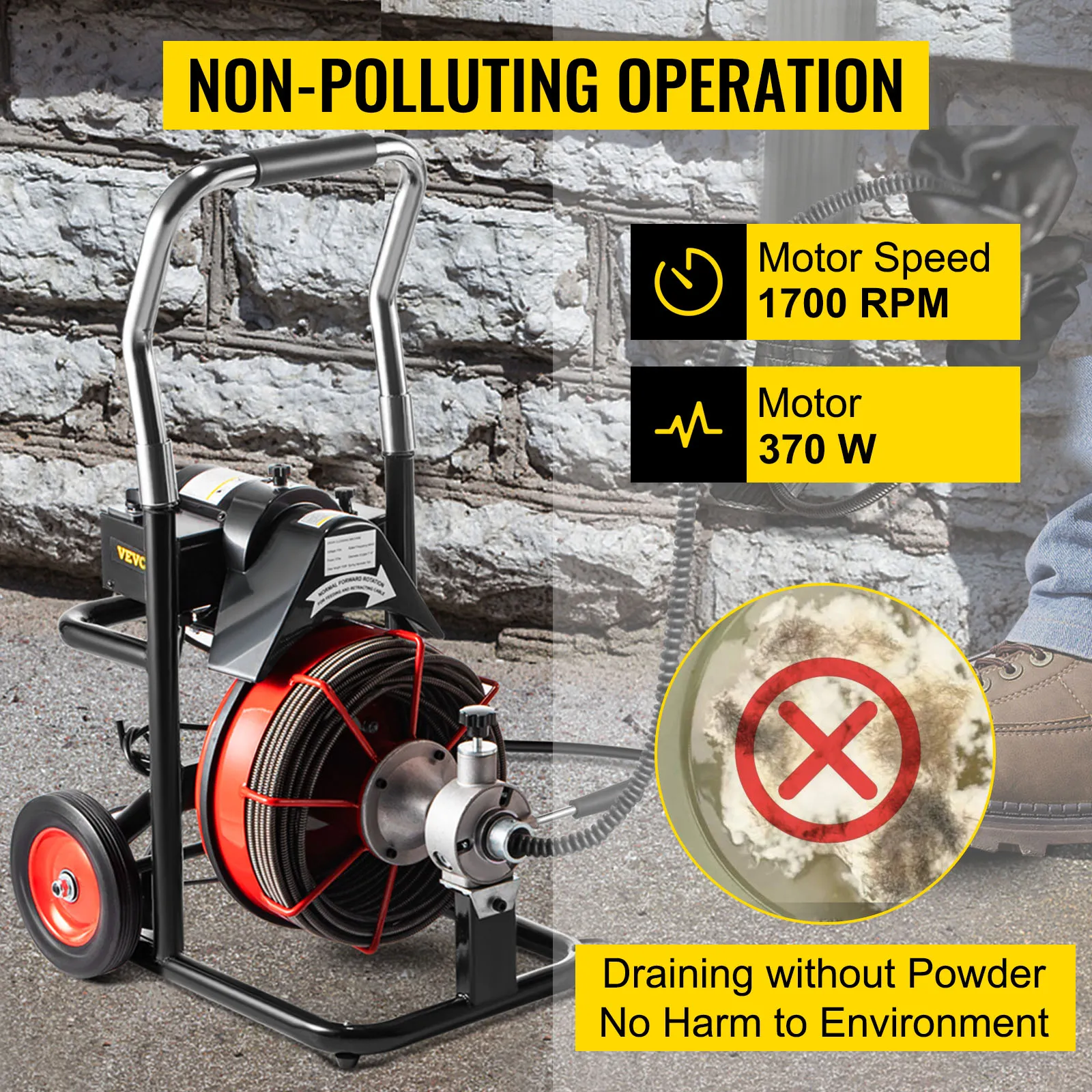 VEVOR drain cleaner machine with 1700 rpm motor speed and 370w power, eco-friendly.