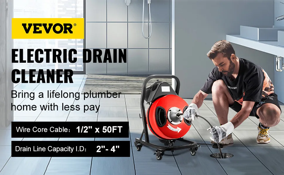 Barrena de drenaje eléctrica VEVOR en uso, con cable de 50 pies y capacidad de línea de drenaje de 2" a 4".