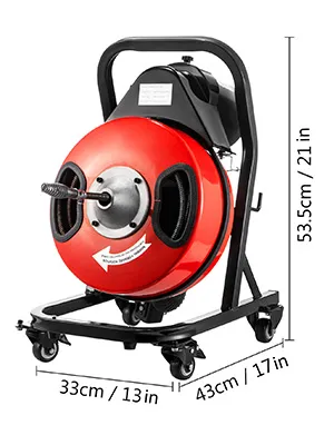 Barrena de drenaje eléctrica VEVOR con tambor rojo y marco negro, dimensiones etiquetadas.