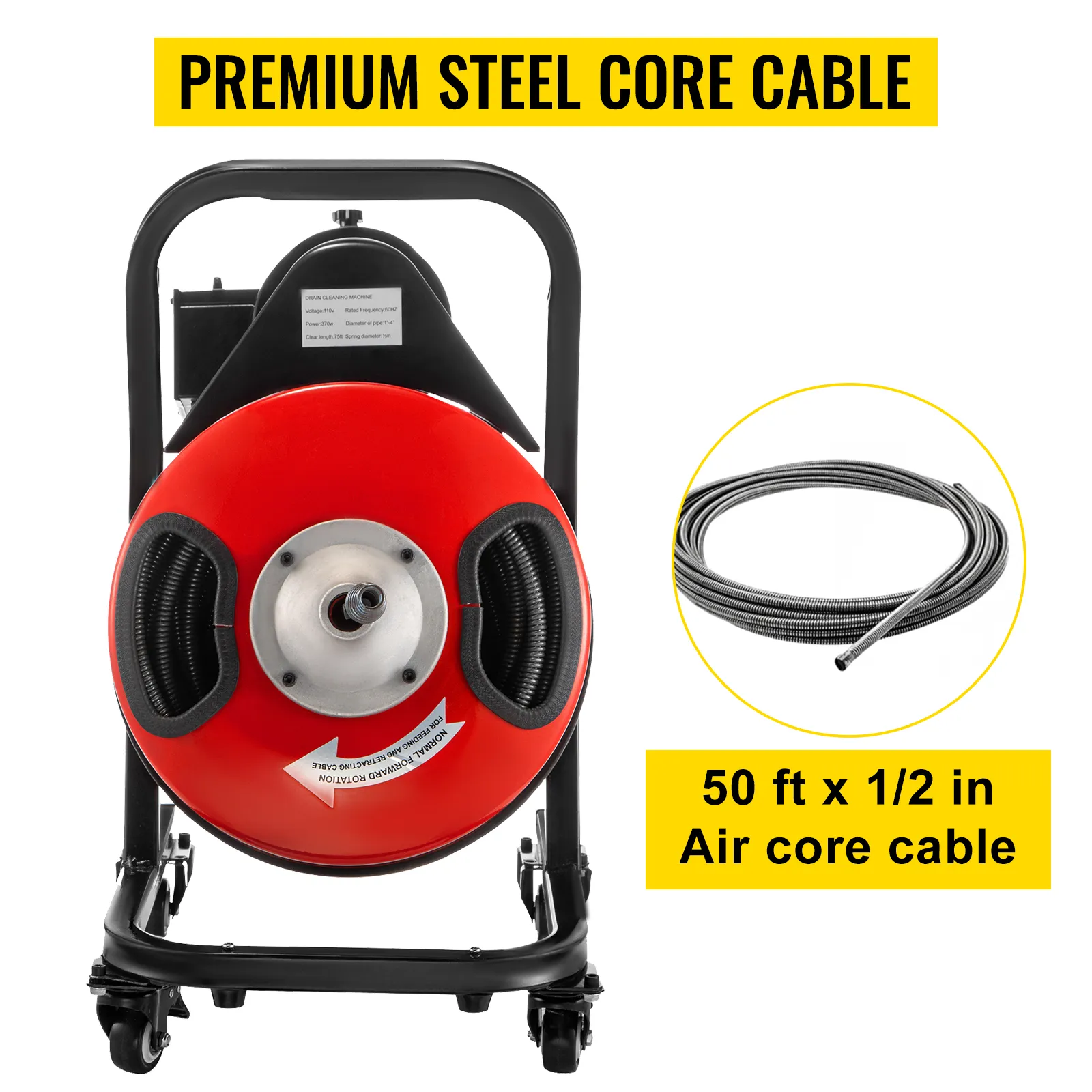 Barrena de drenaje eléctrica VEVOR con cable con núcleo de aire de 50 pies x 1/2 pulgada y cable con núcleo de acero de primera calidad.