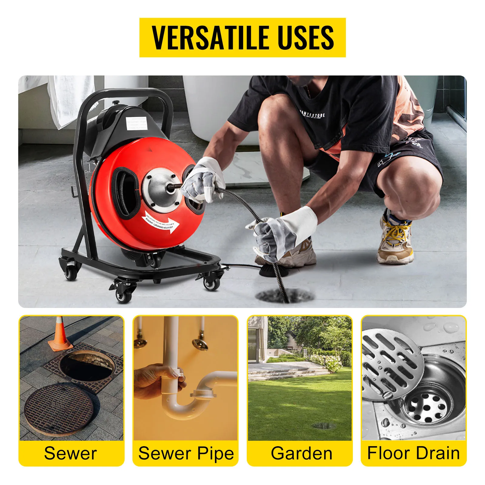 Barrena de drenaje eléctrica VEVOR utilizada por una persona; versátil para desagües de alcantarillado y de piso.