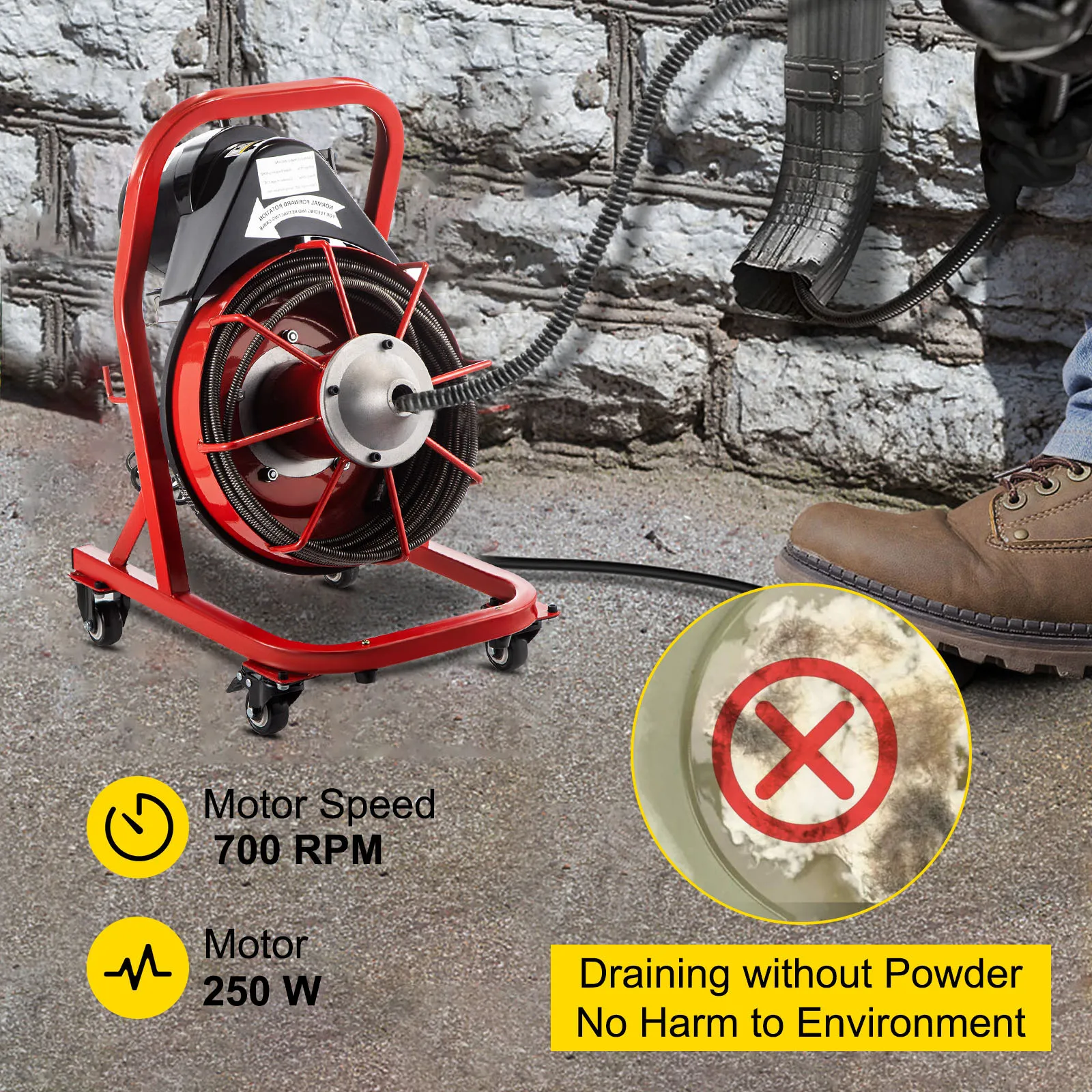 Barrena de drenaje eléctrica VEVOR con motor de 700 rpm y 250 w de potencia, funcionamiento ecológico.