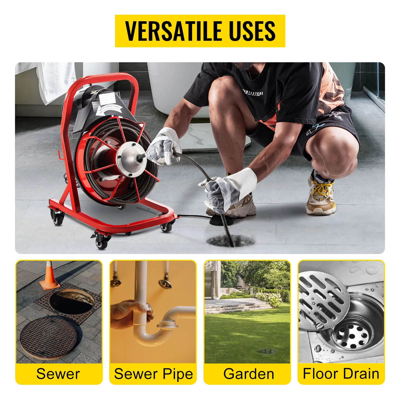 Persona que utiliza el sinfín eléctrico VEVOR para una limpieza versátil de alcantarillas y desagües.
