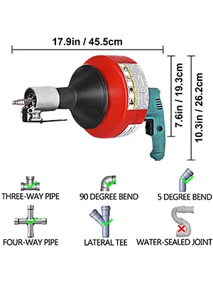 VEVOR electric drain auger with dimensions and various pipe bend illustrations.