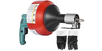VEVOR electric drain auger with drill handle and black gloves included.