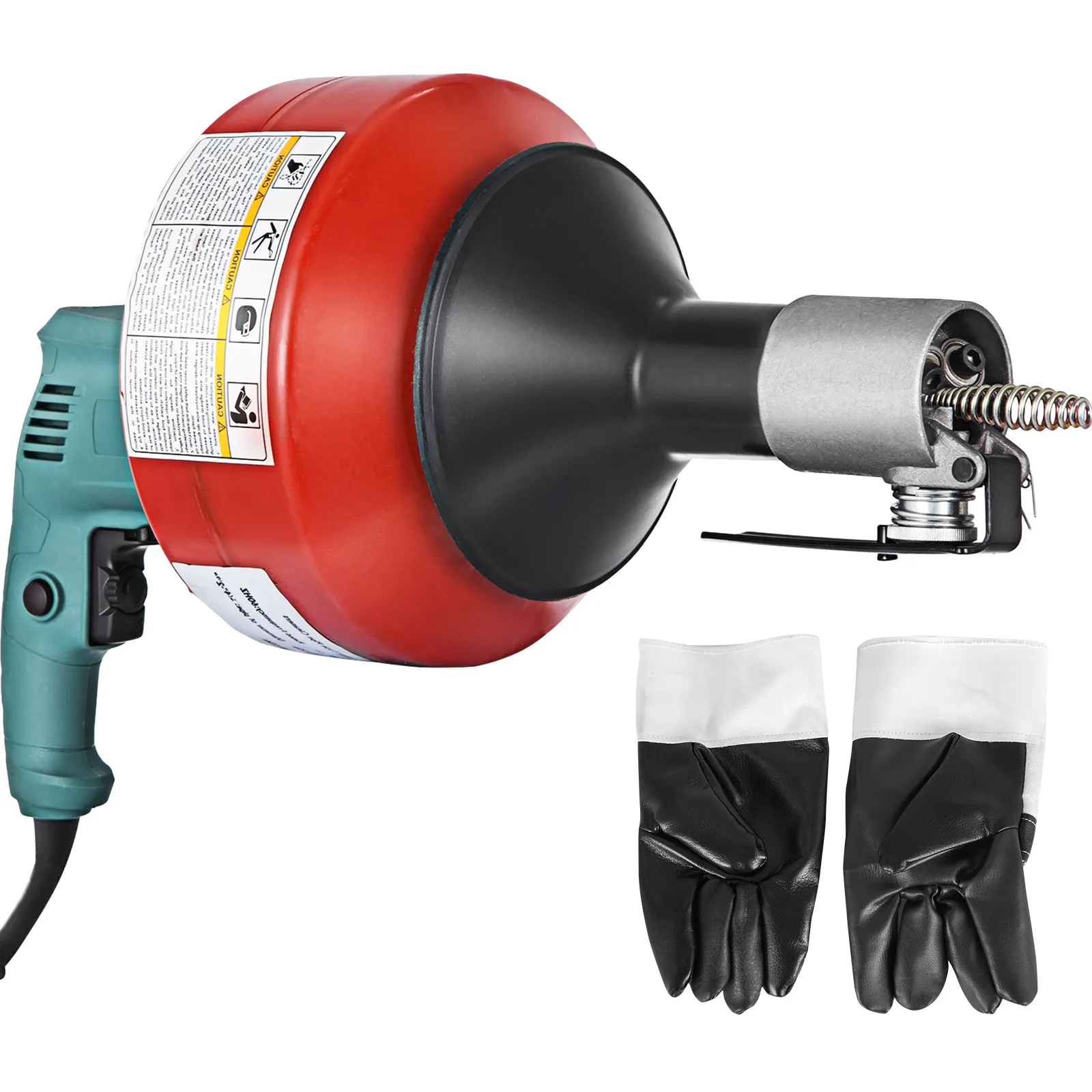 VEVOR electric drain auger with red drum and teal handle, includes black gloves.